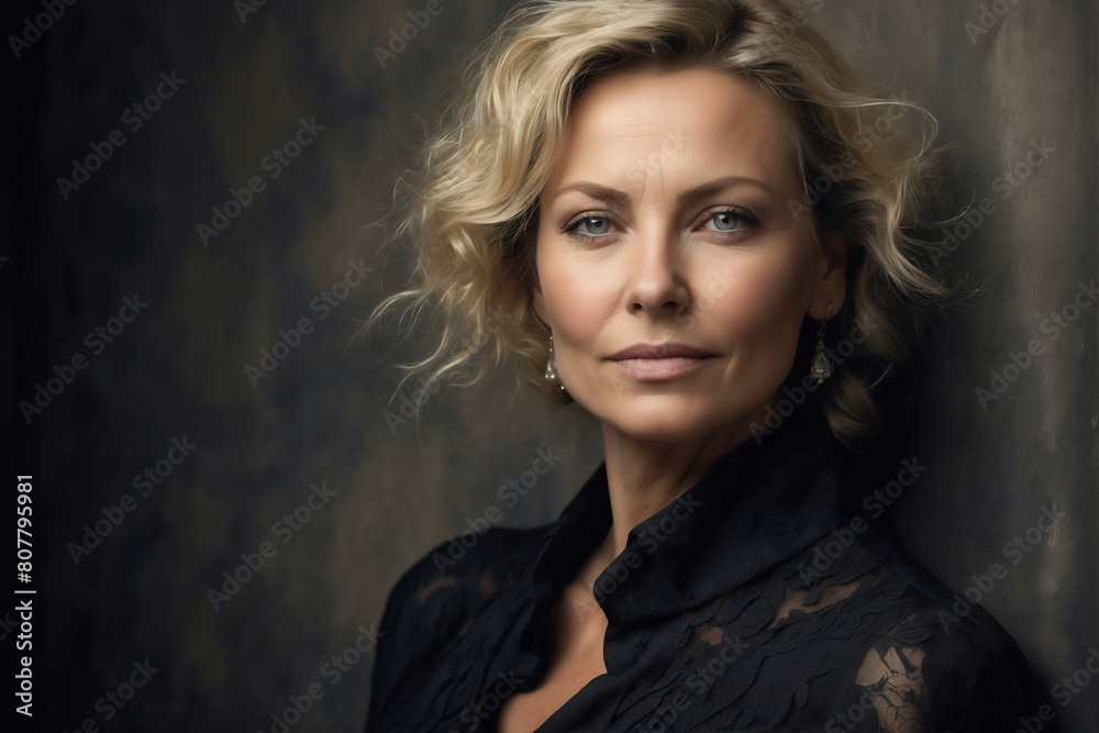 Sophisticated Swedish Woman in Early 40s with Elegant Black Lace Outfit in Studio Portrait Sophisticated Swedish Woman in Early 40s with Elegant Black Lace Outfit in Studio Portrait