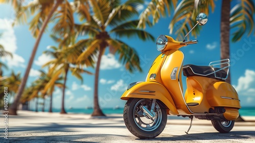 Yellow vintage scooter on the background of palm trees and blue sky with clouds, side view. Concept for summer vacation at the beach or holiday trip on motorcycle.