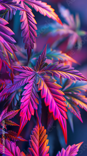 Purple marijuana plants in colored pink neon light on dark background