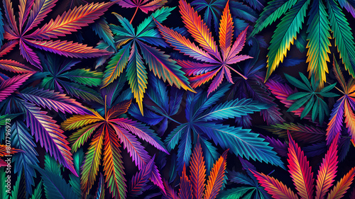 Cannabis leaves. Cannabis marijuana foliage with a purple pink tint on a black background. Large leaf of cannabis plant in purple light