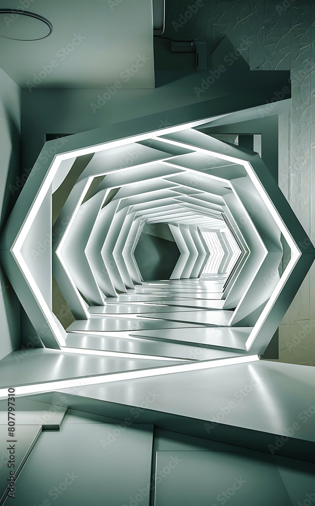 Obraz premium Beautiful futuristic Geometric 3D Render background, Abstract,interior,Minimal,Textured,paper,shine,for business or product presentation tunnel with light and white tones,AI generated