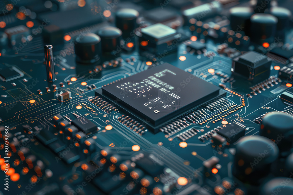 Central processor  CPU and ram on circuit board. Computer hardware