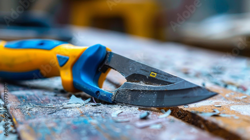 A sharp utility knife with a yellow handle on a worn wooden workbench.