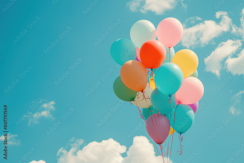 Bunch of colorful helium balloons are floating high up in blue sky