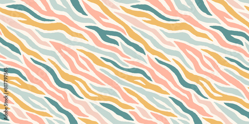 Pastel groovy zebra skin print seamless pattern. Animal skin tiger stripes textured background in retro pastel colors.