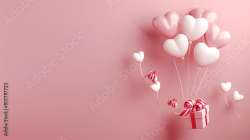 Valentine's Day Concept 3D heart-shaped balloons soar with present boxes on a pink background. Happy Mother's Day, lovely concept. Valentines Day.
