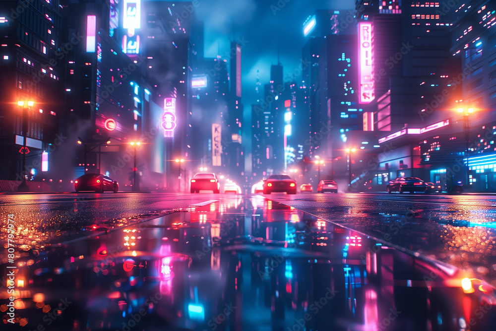 Cyberpunk Metropolis with Pink and Blue Neon lights. Night scene with Advanced Architecture, 3D illustration