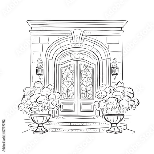 A line drawn illustration of a beautiful hotel / mansion front door in a black and white sketch style. Finished with hydrangeas in pots either side of the door. Vectorised for a variety of uses.