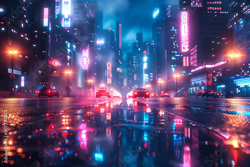 Cyberpunk Metropolis with Pink and Blue Neon lights. Night scene with Advanced Architecture  3D illustration