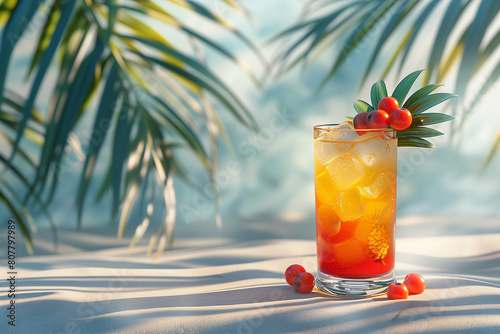 Refreshing summer cocktails garnished with tropical fruits for beach parties, 3D render