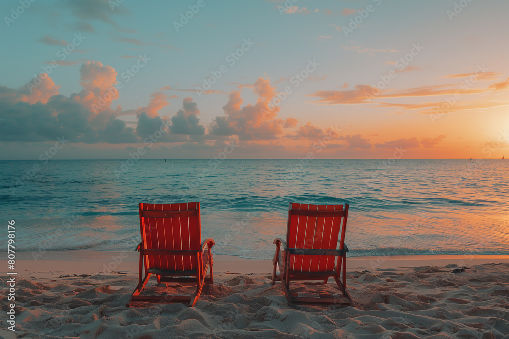 Two empty deck chairs set up on a sandy beach in front of the ocean. Vacation, travel concept