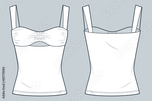 Striped Top technical fashion illustration. Bustier Top fashion flat technical drawing template, draped, slim fit, front and back view, white, women CAD mockup.