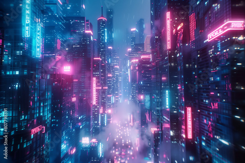 Cyberpunk Metropolis with Pink and Blue Neon lights. Night scene with Advanced Architecture  3D illustration