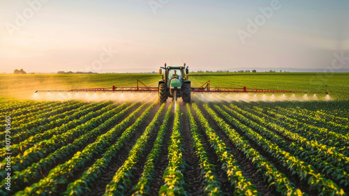 Tractor spraying pesticides in morning on soybean field