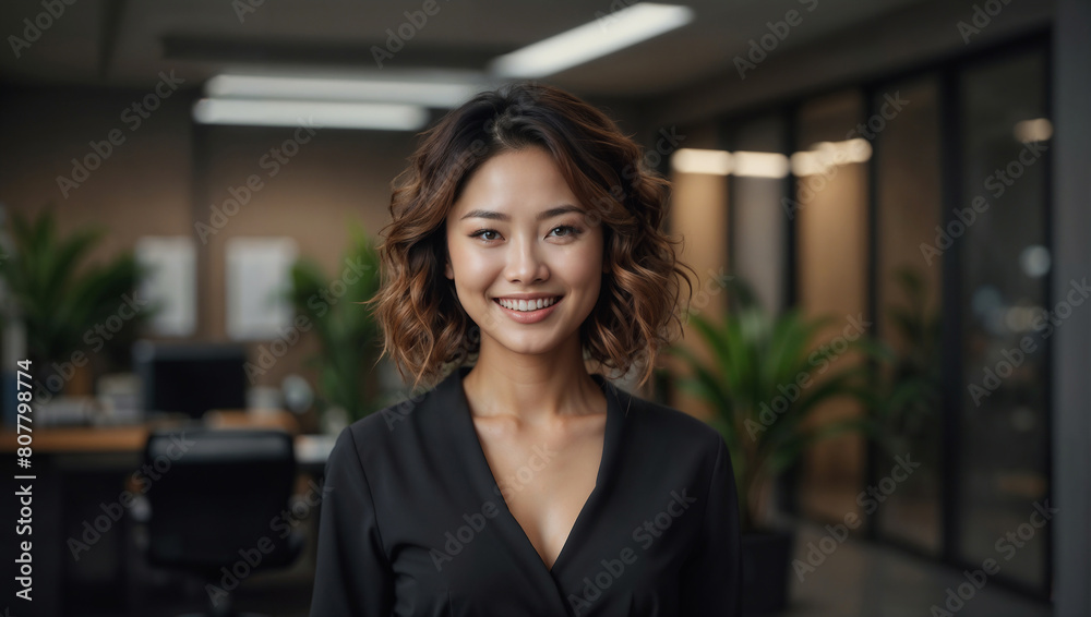 Bella donna di origini asiatiche con sorride in un moderno ufficio con abito elegante Bella donna di origini asiatiche con sorride in un moderno ufficio con abito elegante