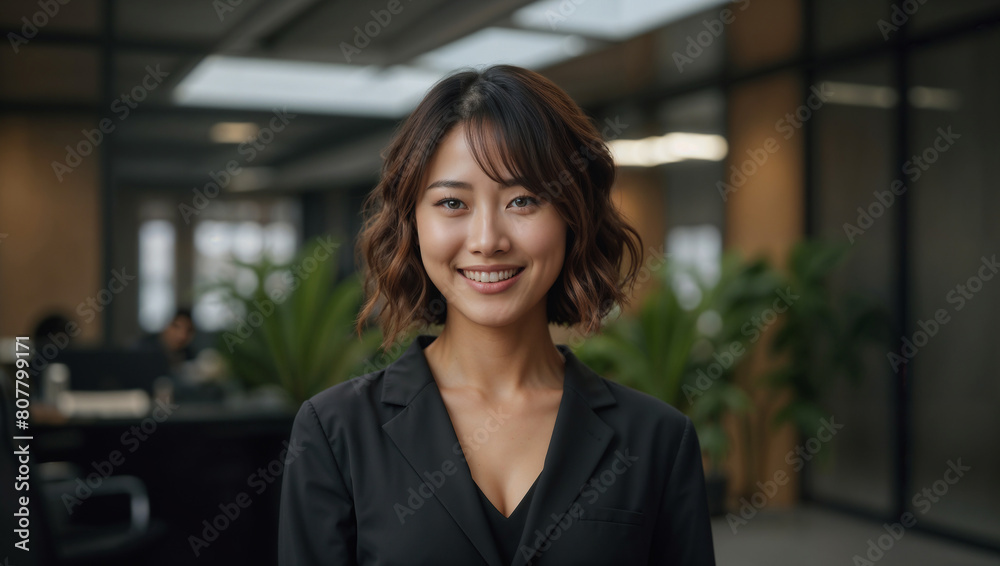 Bella donna di origini asiatiche con sorride in un moderno ufficio con abito elegante Bella donna di origini asiatiche con sorride in un moderno ufficio con abito elegante