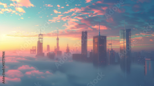 The image captures the tranquil beauty of a city awakening to the dawn of a new day, with the soft glow of morning light suffusing the skyline with warmth and radiance. 