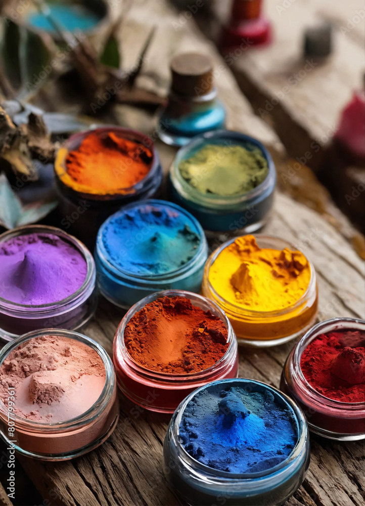 A variety of colorful pigments in glass jars on a wooden table A variety of colorful pigments in glass jars on a wooden table