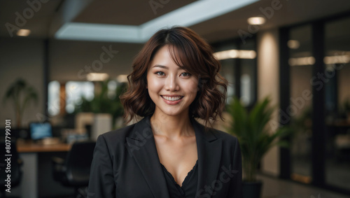 Bella donna di origini asiatiche con sorride in un moderno ufficio con abito elegante photo