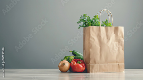 paper bag with groceries, empty background, with copy space