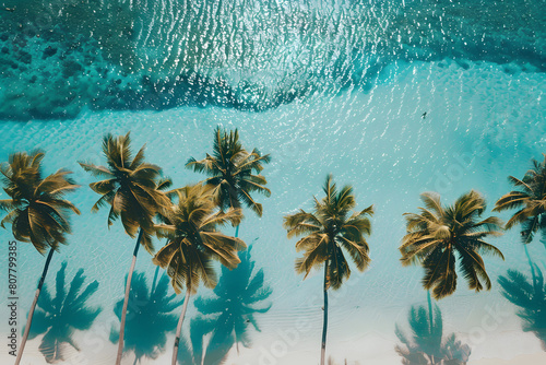 Coastline at tropical beach with palms and turquoise ocean , summertime banner mockup. Summer travel sales and vacation concept.