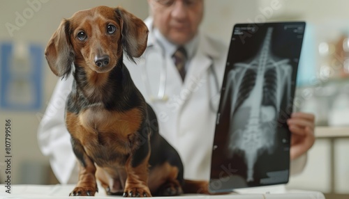 A small, cute dog at the veterinarian's office, the veterinarian holding an X-ray film in hand