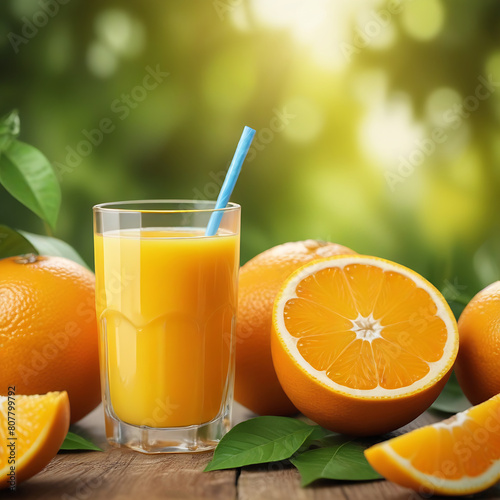 Squeezed orange juice in a glass with a straw on the table, cut oranges laid out around. Summer background.