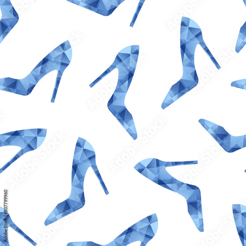 Blue crystal glass shoes on white background. Vector seamless pattern.