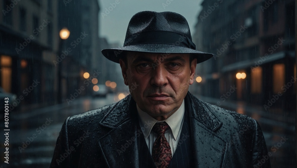 middle-aged man in hat, the style of the mafia gangsters of the 1930s middle-aged man in hat, the style of the mafia gangsters of the 1930s