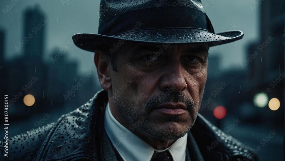 middle-aged man in hat, the style of the mafia gangsters of the 1930s middle-aged man in hat, the style of the mafia gangsters of the 1930s