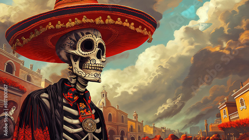 Colorful dia de los muertos skull with floral elements and a traditional hat on a dark background. Mexican backdrop for Mexico festive festival Cinco de mayo