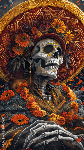 Catrina amidst Dia de los Muertos mexican's celebration taking place on Halloween