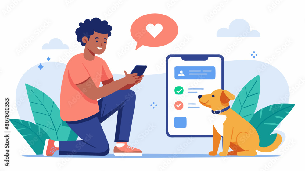 A pet owner showing off their apps personalized training plan to a friend who is struggling with their pets behavior.. Vector illustration