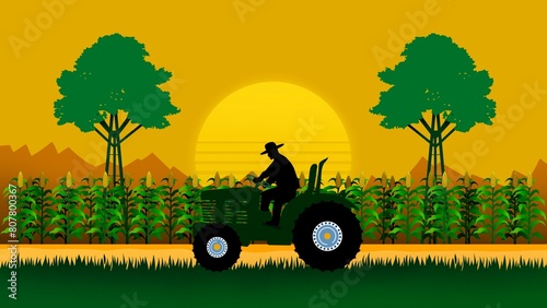 tractor working in a green field, man farmer rides a tractor across the field plowing the land, farming concept, Tractor riding through sprawling field, corn field, agricultural business, farm vehicle