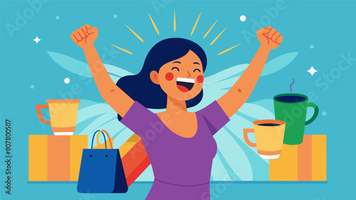 A woman excitedly recounts her successful day of bargain hunting to her friends over a cup of coffee beaming with pride at her finds.. Vector illustration