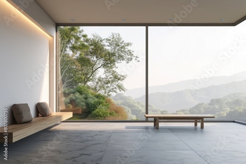 Interior of modern living room with concrete walls, concrete floor, panoramic window and comfortable sofa © ttonaorh
