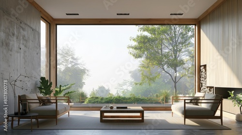 Interior of modern living room with concrete walls, concrete floor, panoramic window and comfortable sofa © ttonaorh
