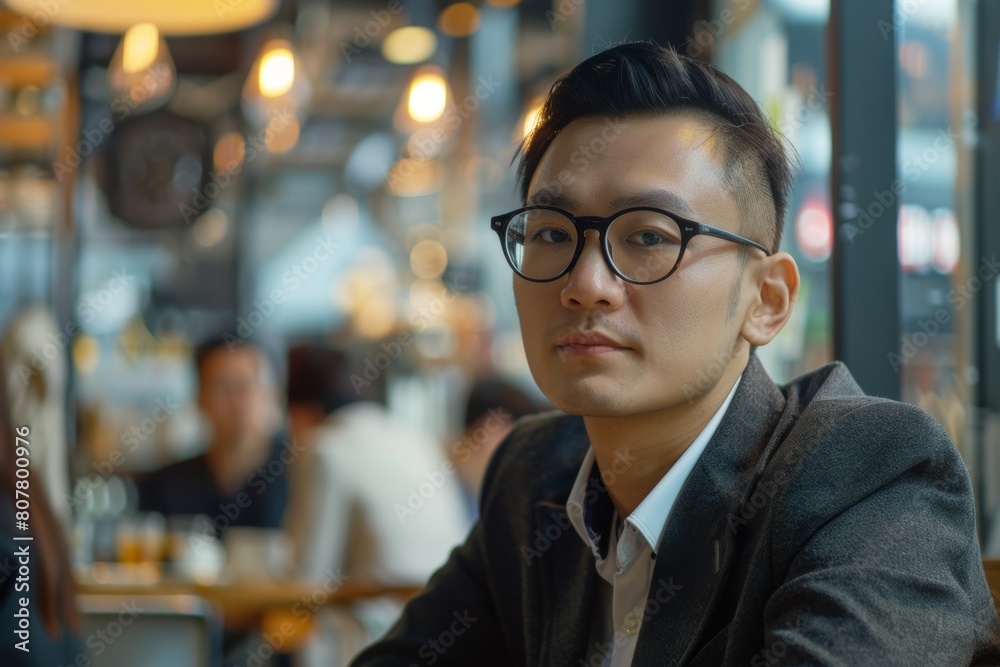 Confident young Asian businessman working in a busy cafe during office hours