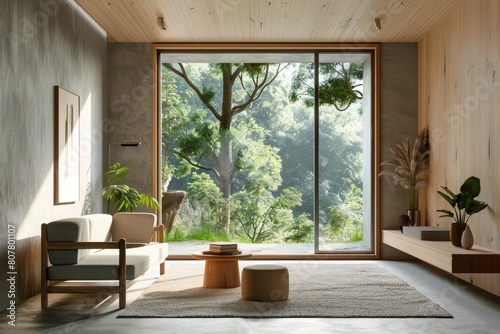 Interior of modern living room with concrete walls  concrete floor  panoramic window and comfortable sofa