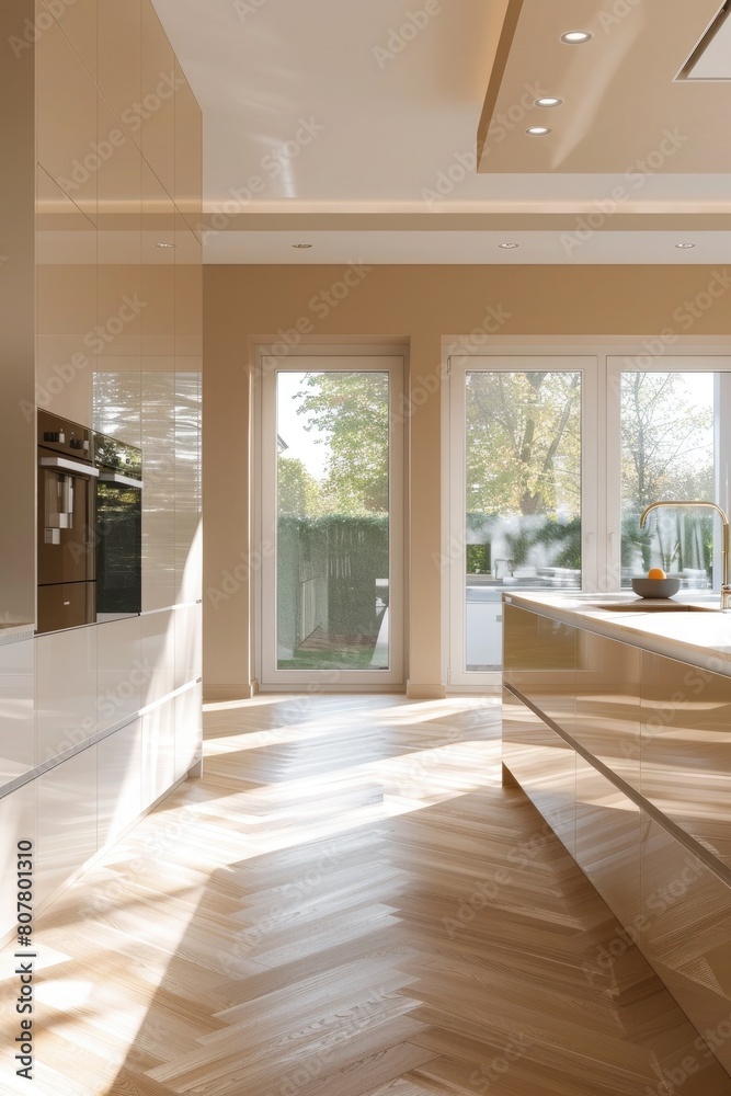 Fototapeta premium interior of modern kitchen with beige walls, tiled floor countertops and built in