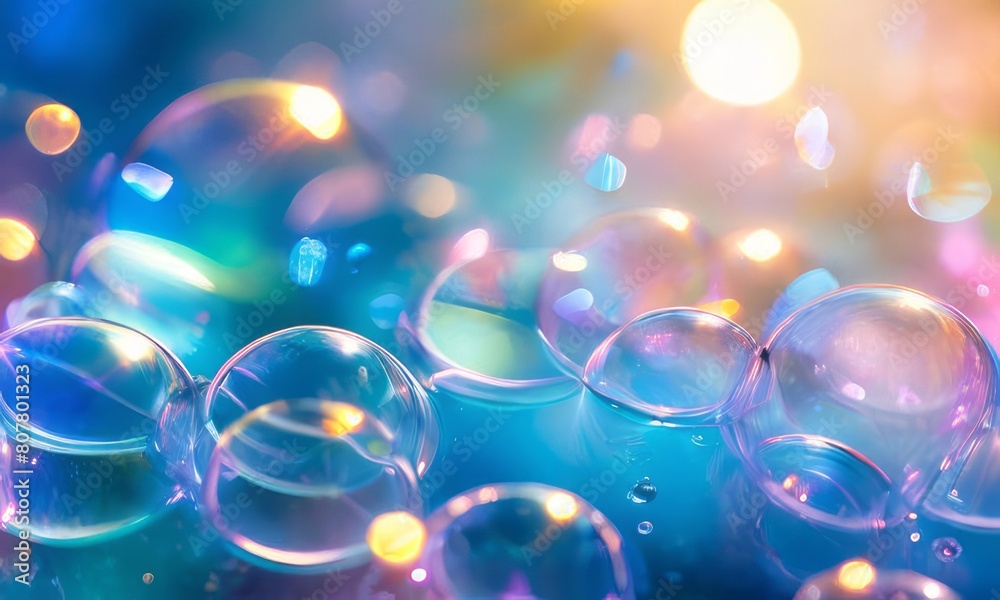 Abstract background of bubbles with a bright and colorful bokeh effect.