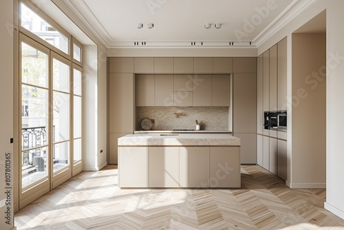 interior of modern kitchen with beige walls  tiled floor countertops and built in