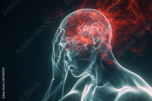 A man holding his head in pain against a glowing translucent background, highlighting the center of headache in red.