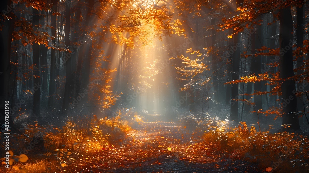 Magical Autumn Forest Path Illuminated by Morning Sunlight