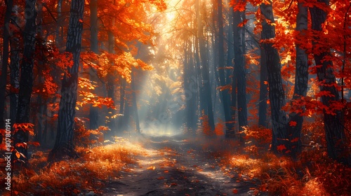 Magical Autumn Forest Path Illuminated by Morning Sunlight