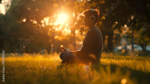 A man meditates in the morning with headphones on in nature sitting on the grass © Vika