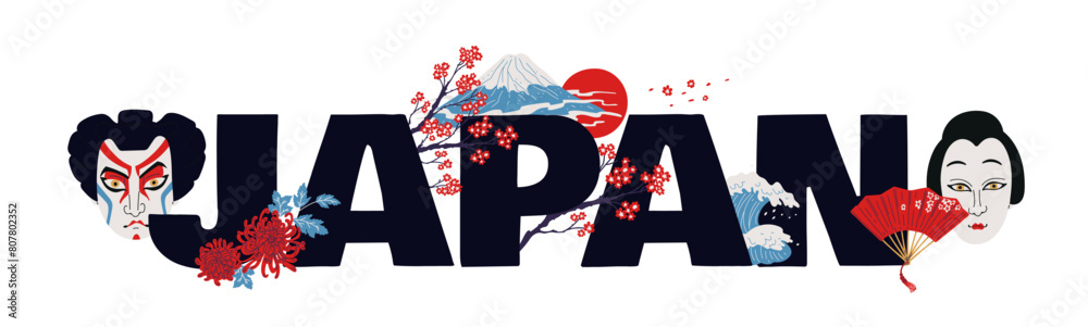 Naklejka premium Decorative vector editable text design about Japan with Kabuki Theater on a white background