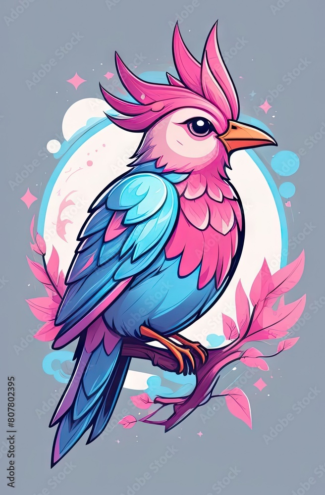Obraz premium Striking illustration of fantasy blue pink bird against plain grey backdrop.