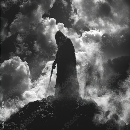 The silhouette of an angel carrying a scythe looks horror over an open and foggy grave, with dark clouds in the background. A broad black angel that takes lives