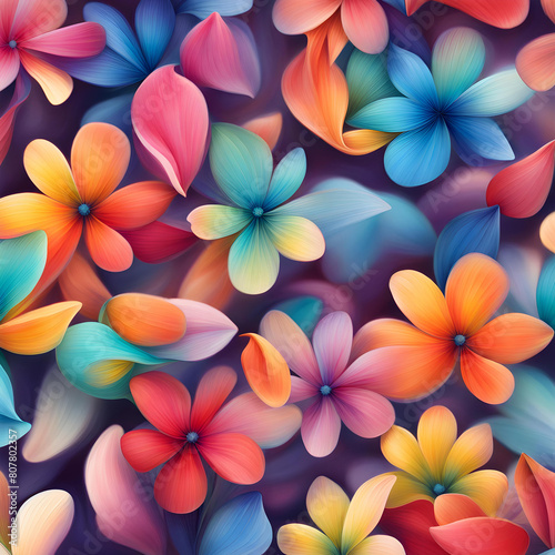 Square image of multicolored petals scattering on dark black